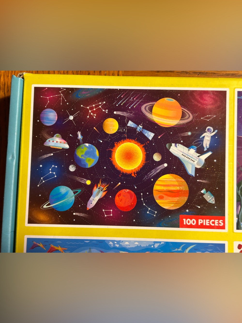 4-Pack Kids Puzzle Set - Blue/Yellow Box with Space, Dragon, Map & Fruit Designs - Picture 2 of 6